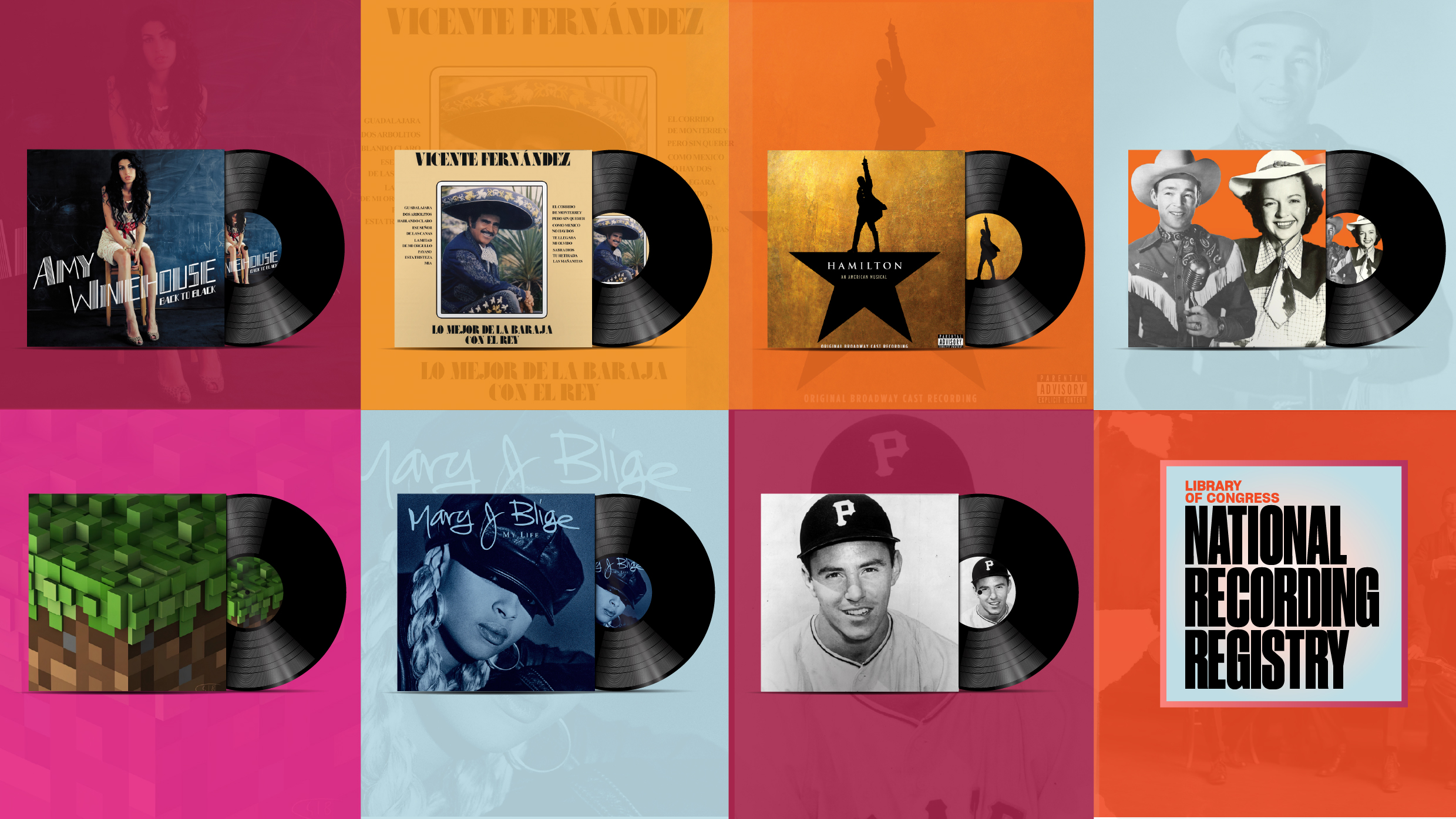 Graphic announcing the Library of Congress National Recording Registry 2025, which features text and a background depicting stylized long-playing records.
