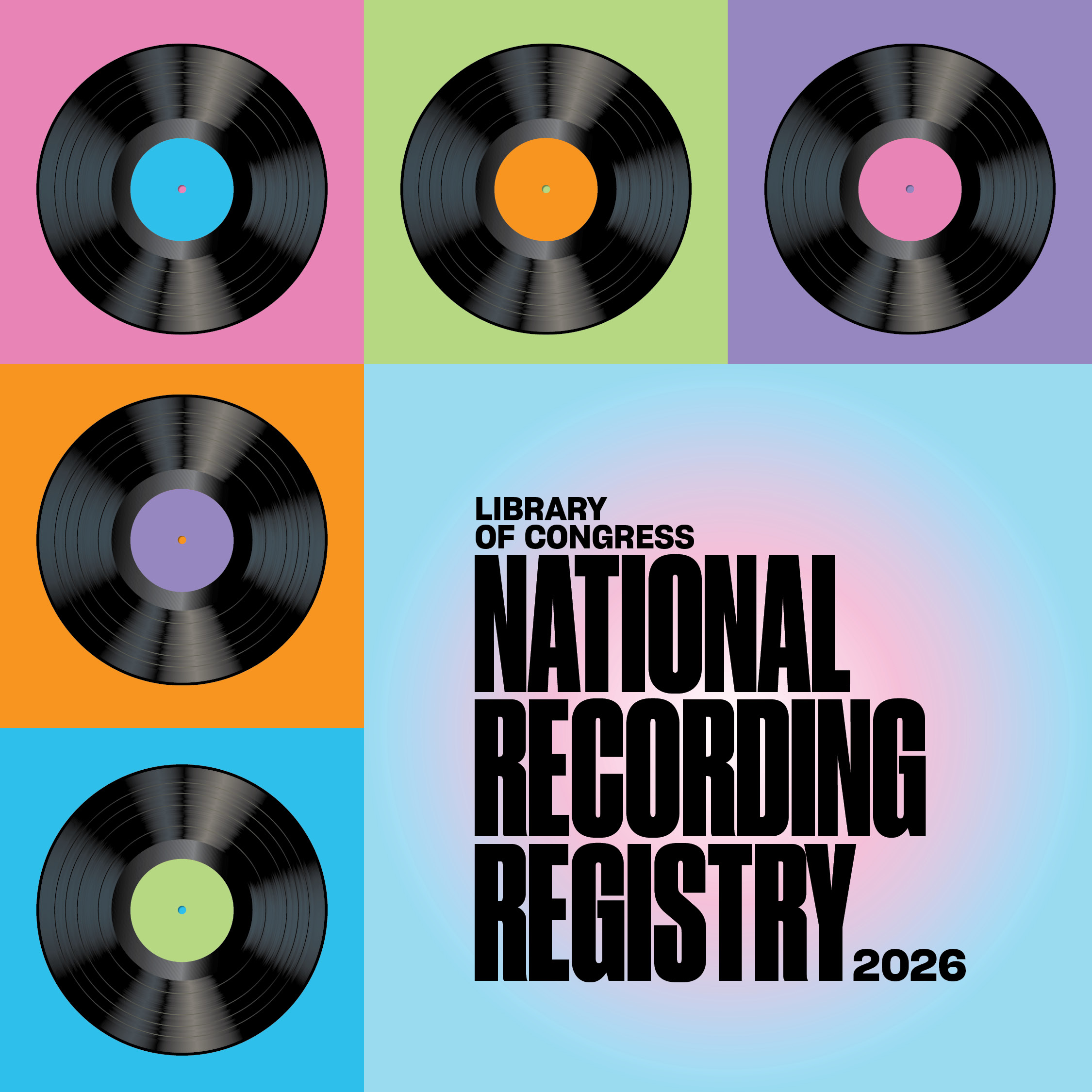 Graphic announcing the Library of Congress National Recording Registry 2026, which features text and a background depicting stylized long-playing records.
